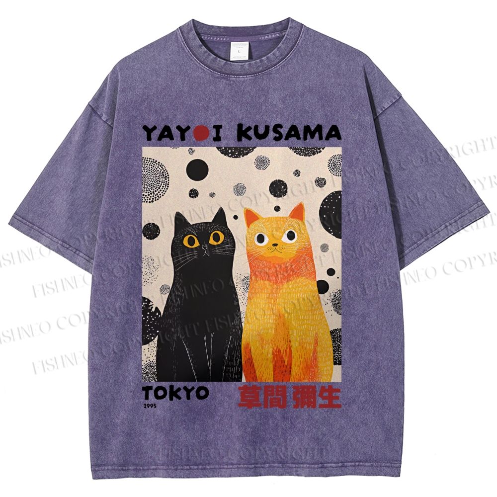 Unisex Yayoi Kusama Cats Printed Washed Tee