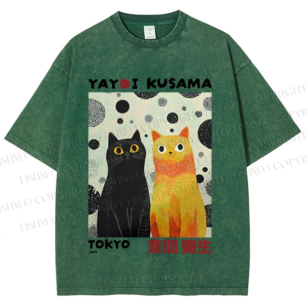 Unisex Yayoi Kusama Cats Printed Washed Tee