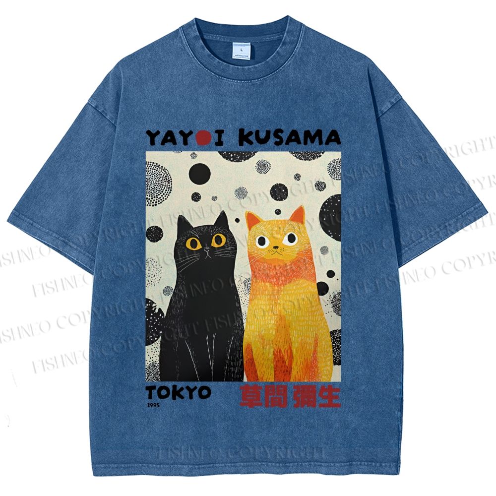Unisex Yayoi Kusama Cats Printed Washed Tee