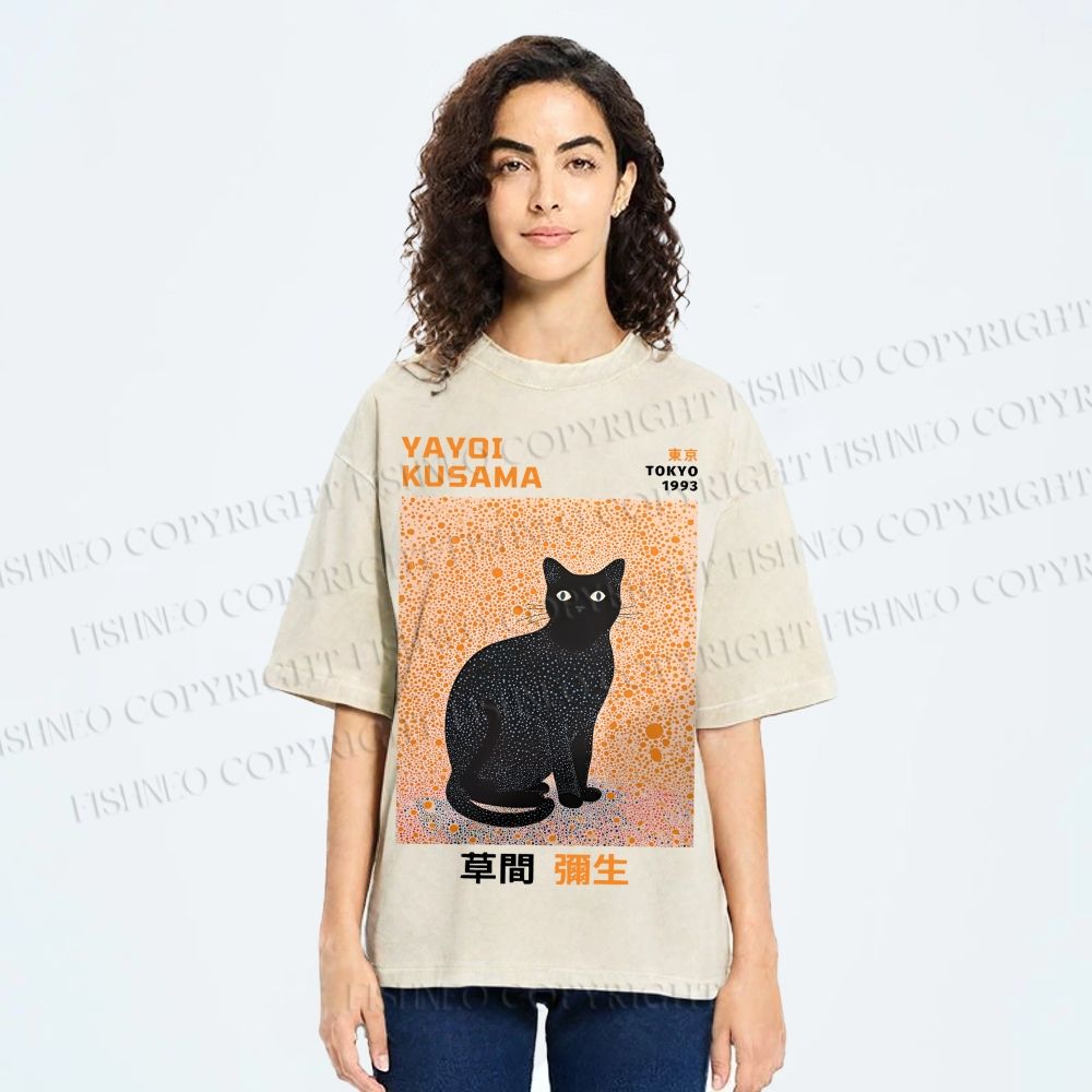 Unisex Yayoi Kusama Black Cat Printed Washed Tee