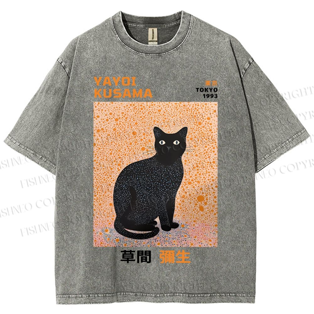 Unisex Yayoi Kusama Black Cat Printed Washed Tee