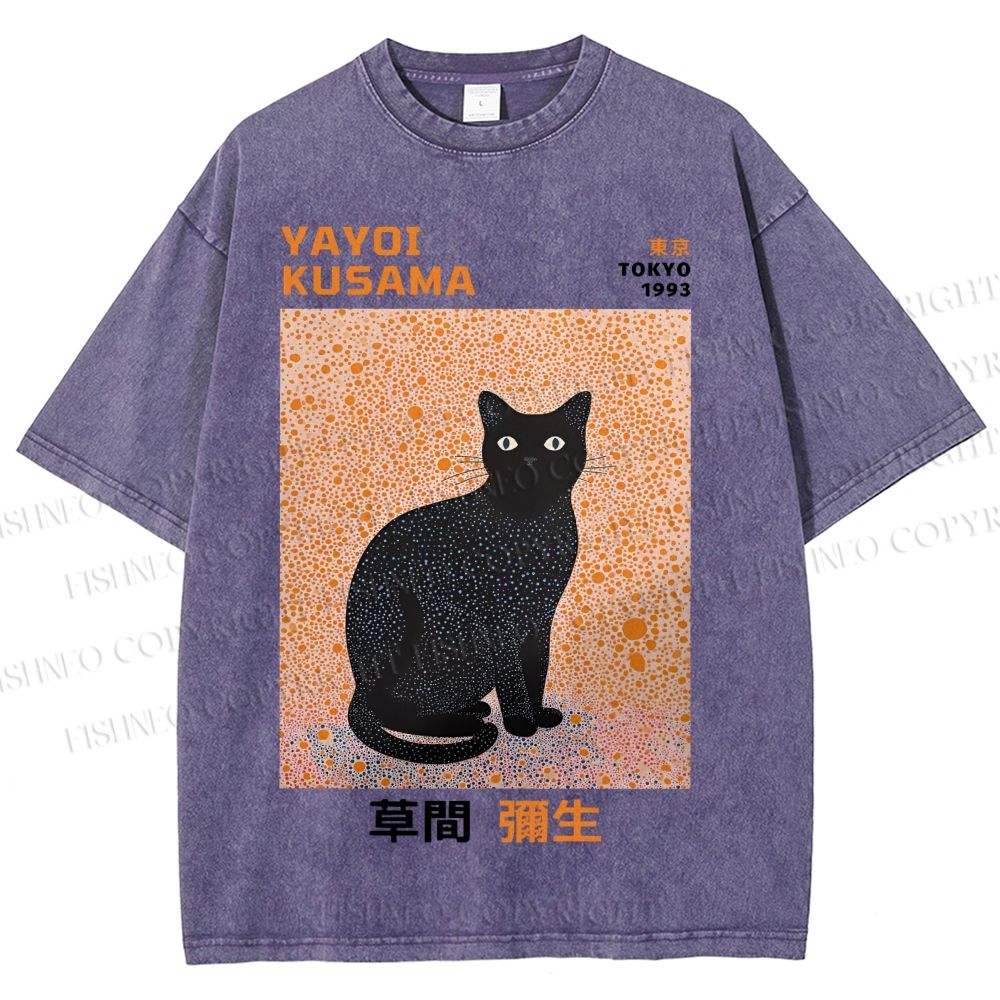 Unisex Yayoi Kusama Black Cat Printed Washed Tee