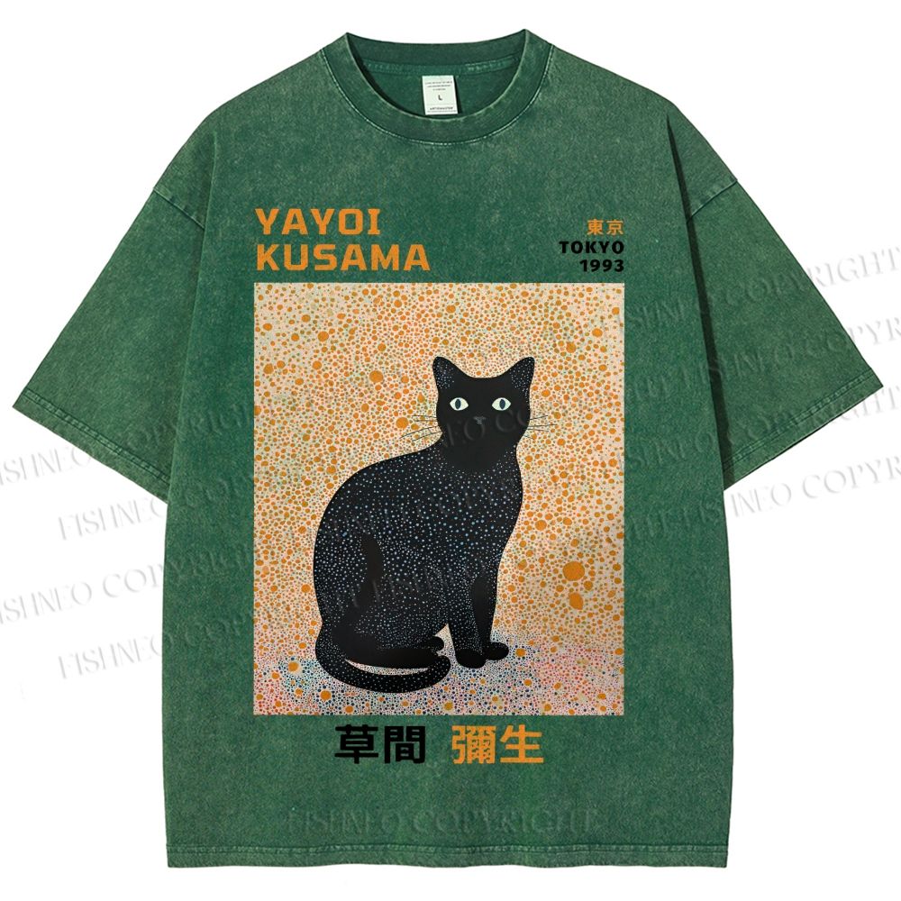 Unisex Yayoi Kusama Black Cat Printed Washed Tee