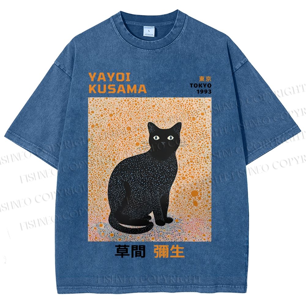 Unisex Yayoi Kusama Black Cat Printed Washed Tee