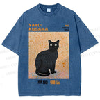Unisex Yayoi Kusama Black Cat Printed Washed Tee
