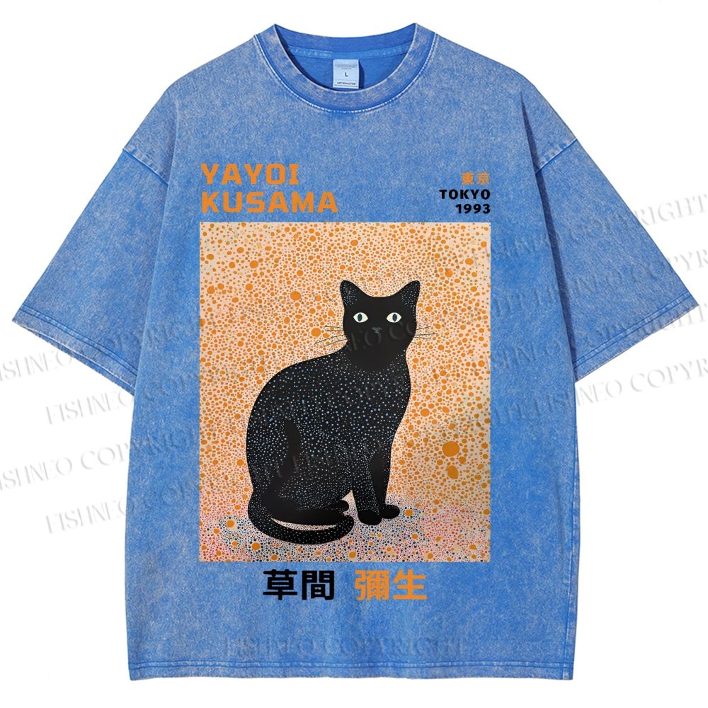 Unisex Yayoi Kusama Black Cat Printed Washed Tee