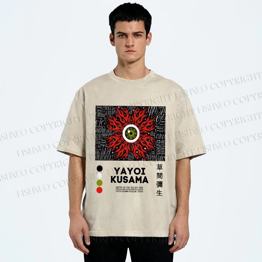 Unisex Yayoi Kusama Red Green Eye Printed Washed Tee