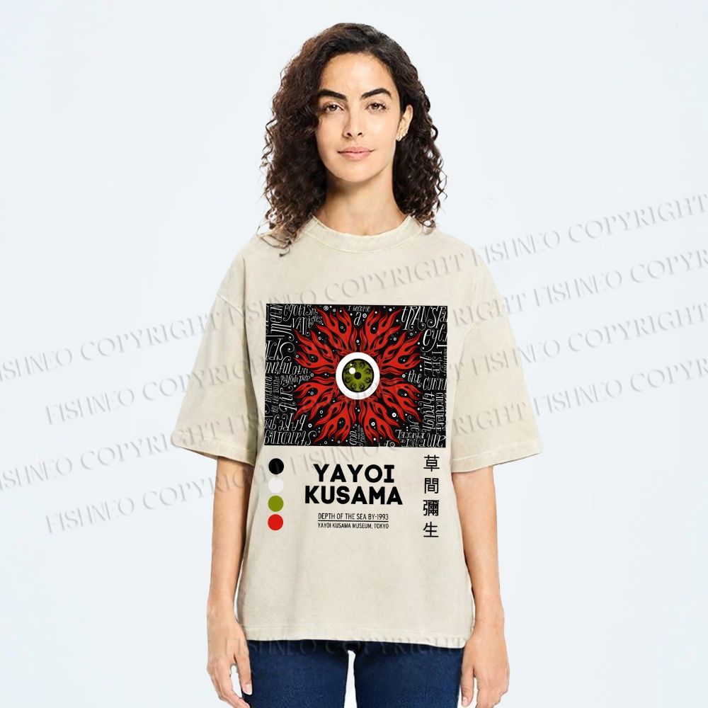 Unisex Yayoi Kusama Red Green Eye Printed Washed Tee