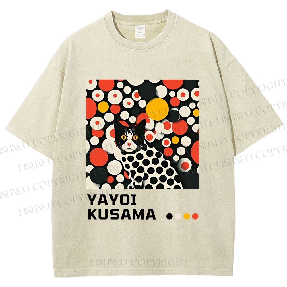 Unisex Yayoi Kusama Cat With Dots Printed Washed Tee