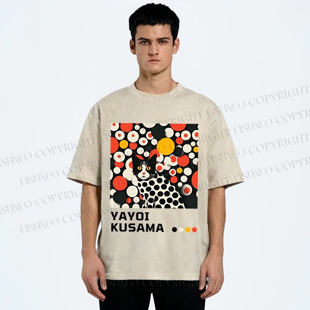 Unisex Yayoi Kusama Cat With Dots Printed Washed Tee