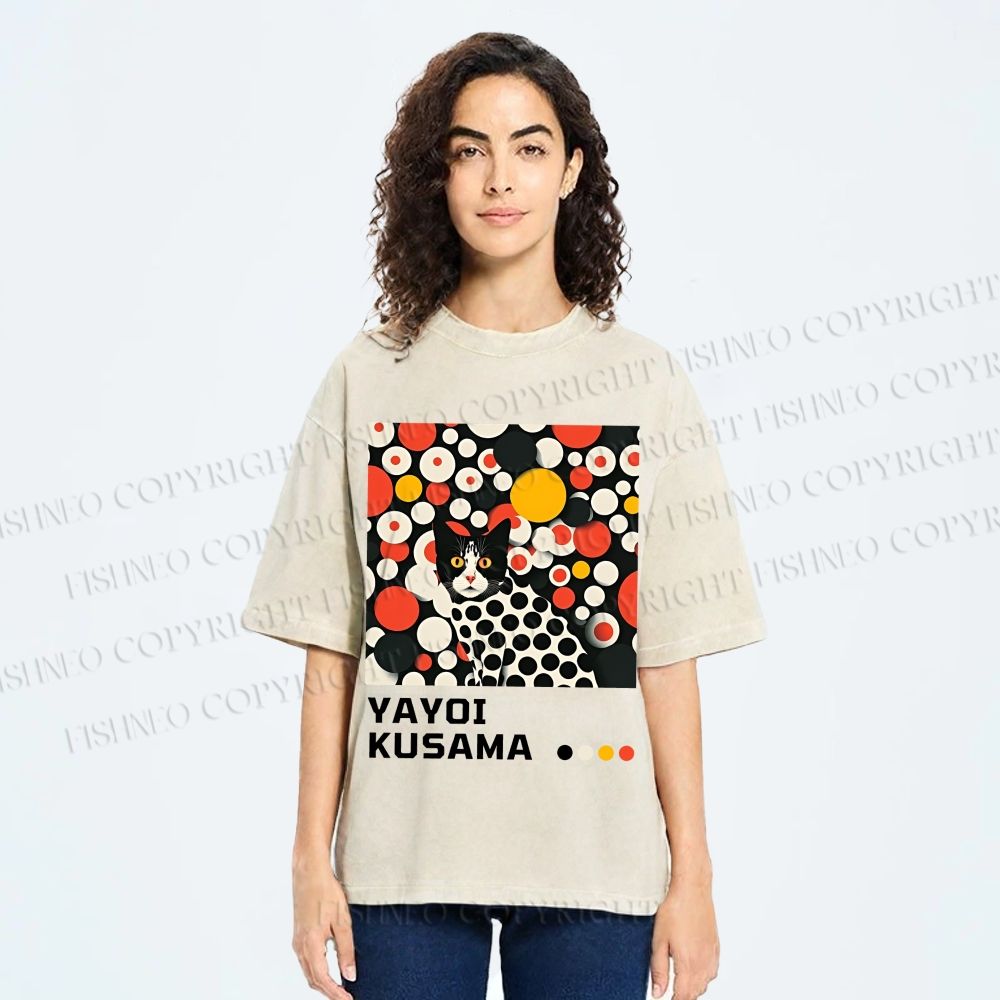 Unisex Yayoi Kusama Cat With Dots Printed Washed Tee