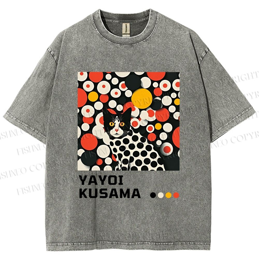 Unisex Yayoi Kusama Cat With Dots Printed Washed Tee