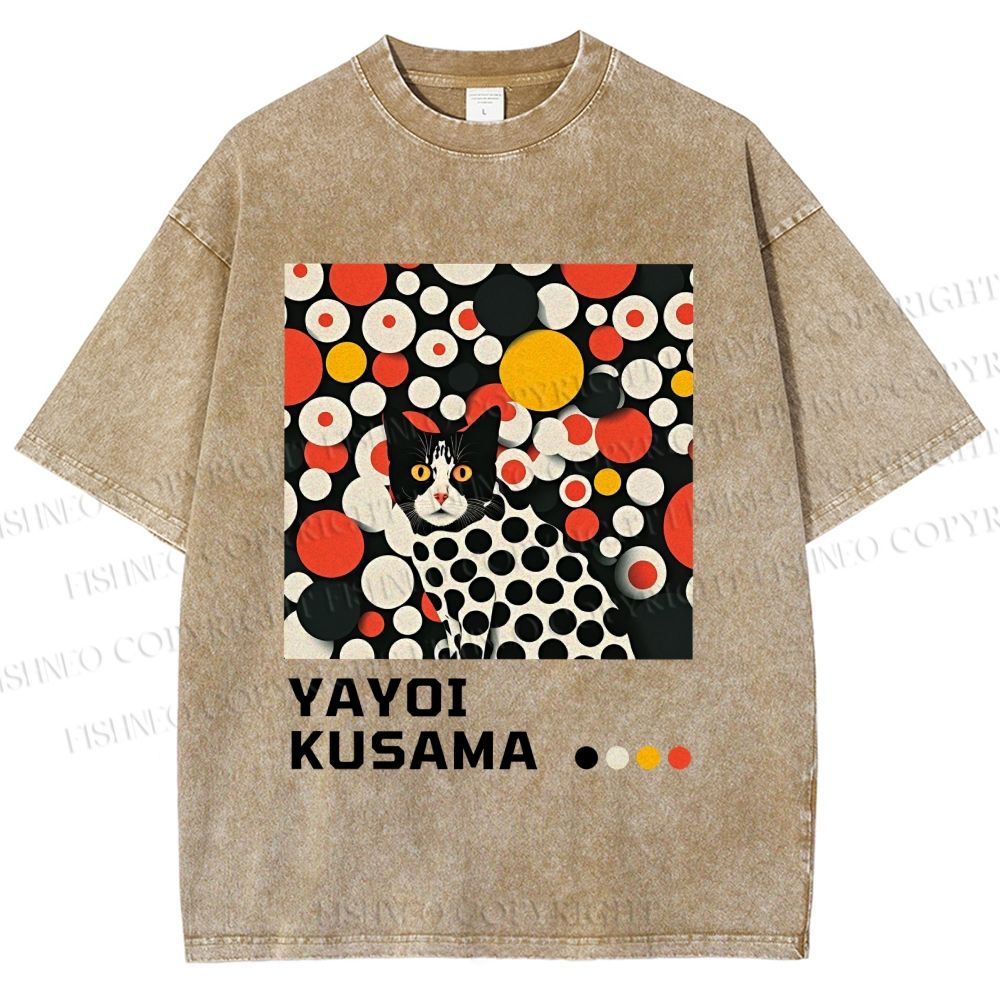 Unisex Yayoi Kusama Cat With Dots Printed Washed Tee