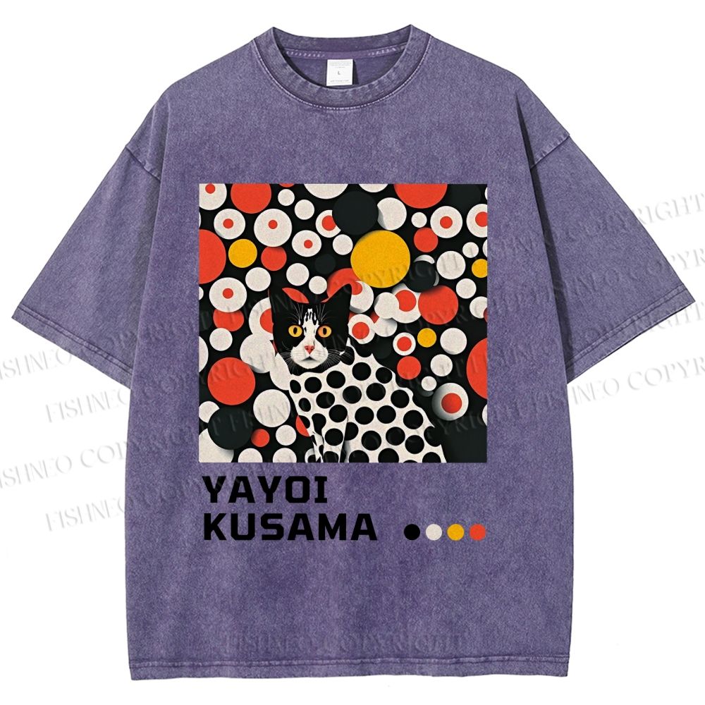 Unisex Yayoi Kusama Cat With Dots Printed Washed Tee