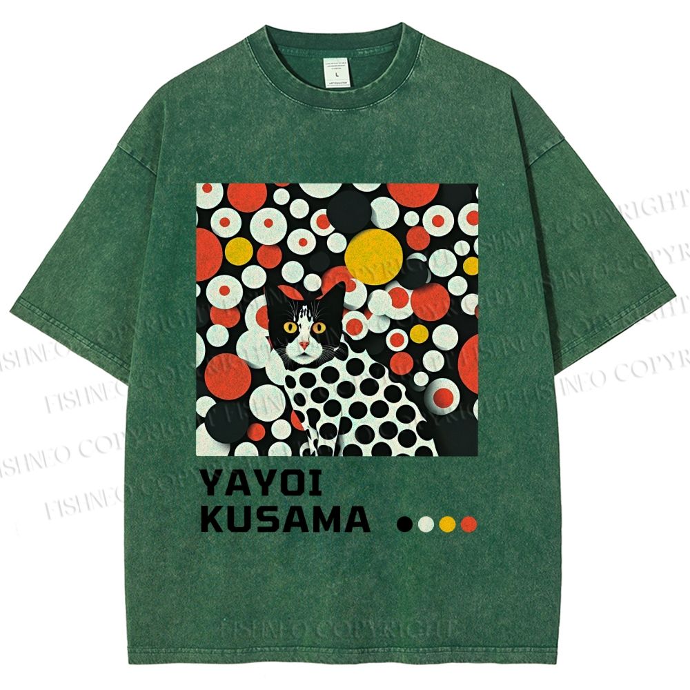 Unisex Yayoi Kusama Cat With Dots Printed Washed Tee