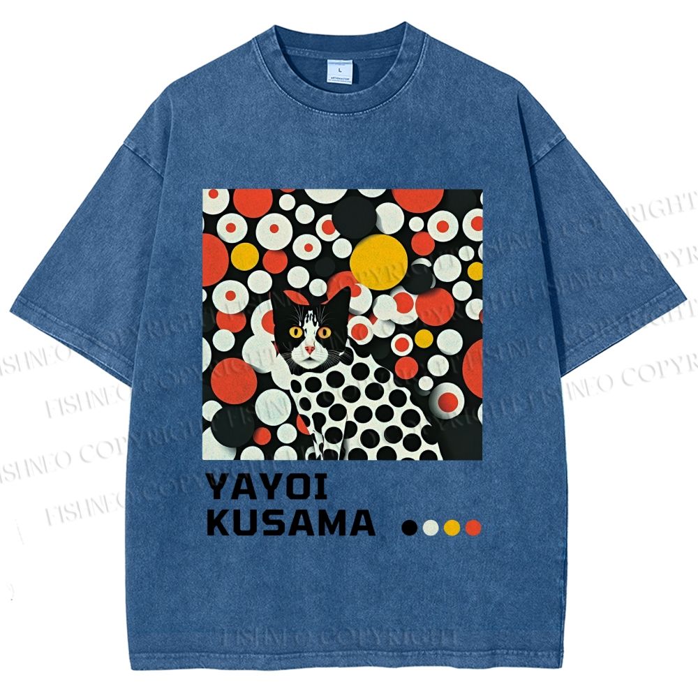 Unisex Yayoi Kusama Cat With Dots Printed Washed Tee