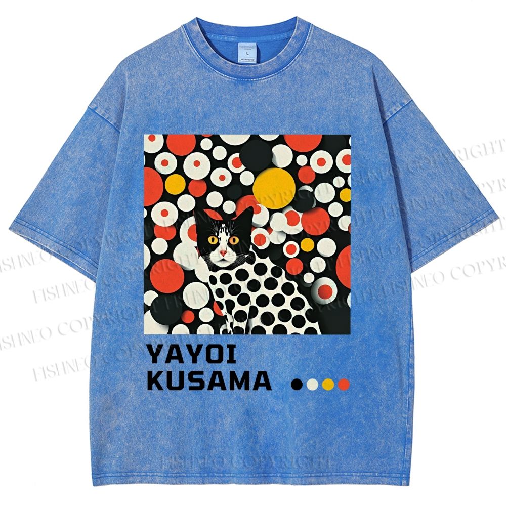 Unisex Yayoi Kusama Cat With Dots Printed Washed Tee
