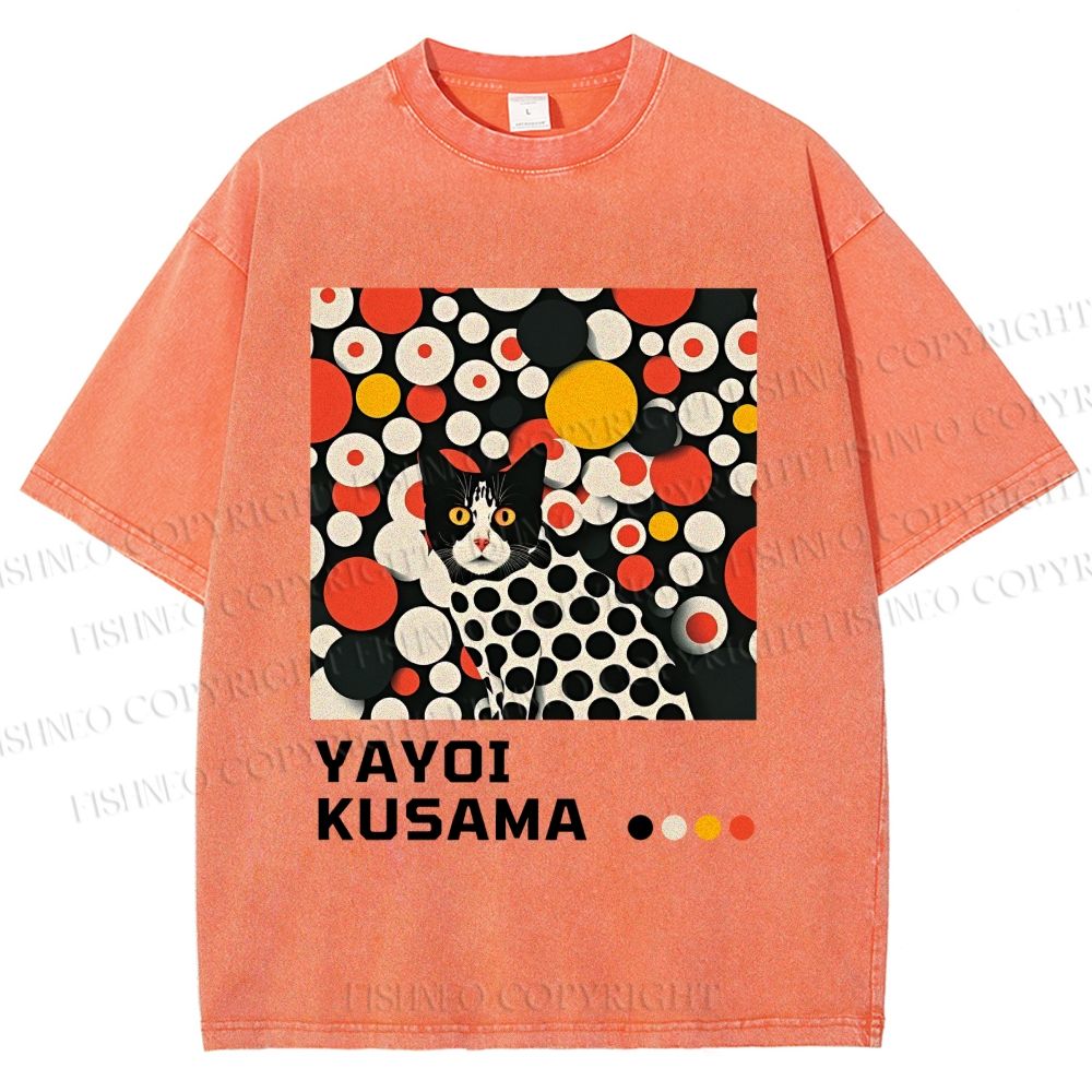 Unisex Yayoi Kusama Cat With Dots Printed Washed Tee