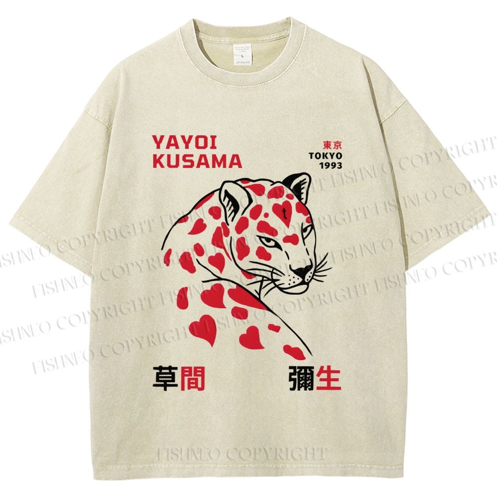 Unisex Yayoi Kusama Panther With Hearts Printed Washed Tee