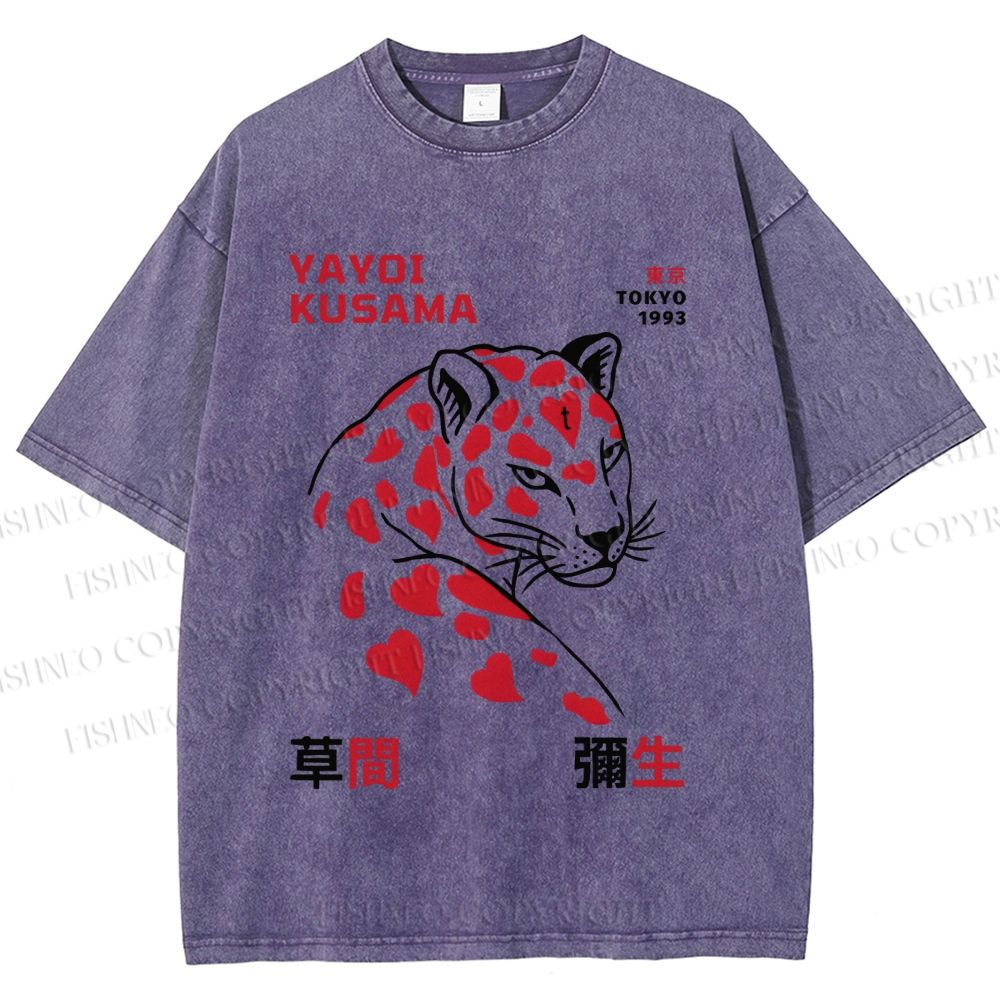 Unisex Yayoi Kusama Panther With Hearts Printed Washed Tee