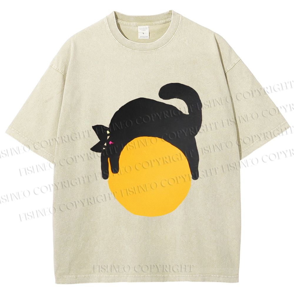 Unisex Black Cat Printed Washed Tee