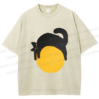 Unisex Black Cat Printed Washed Tee