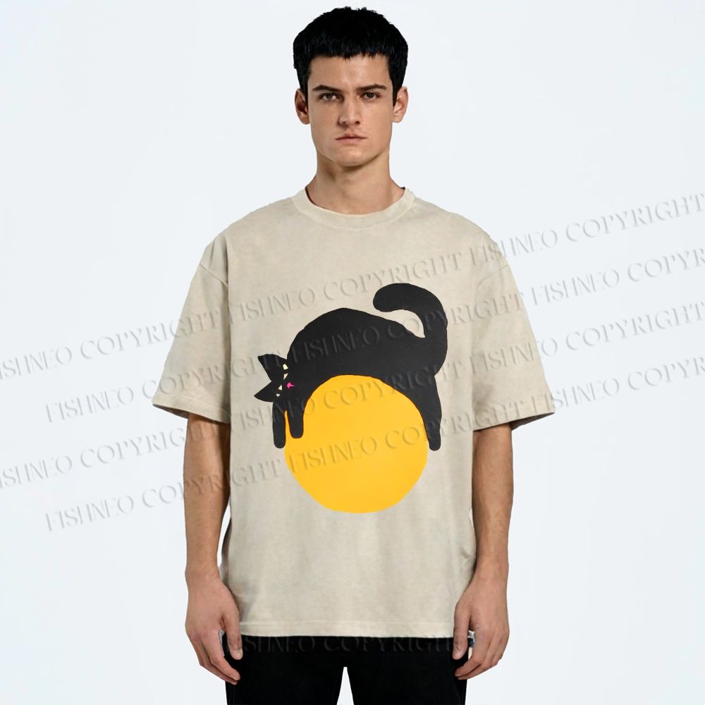 Unisex Black Cat Printed Washed Tee