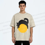 Unisex Black Cat Printed Washed Tee