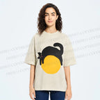 Unisex Black Cat Printed Washed Tee