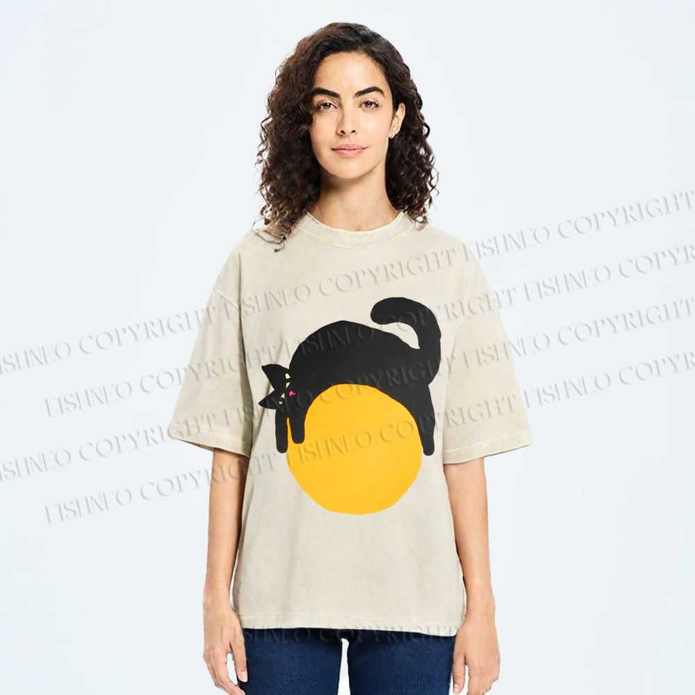Unisex Black Cat Printed Washed Tee