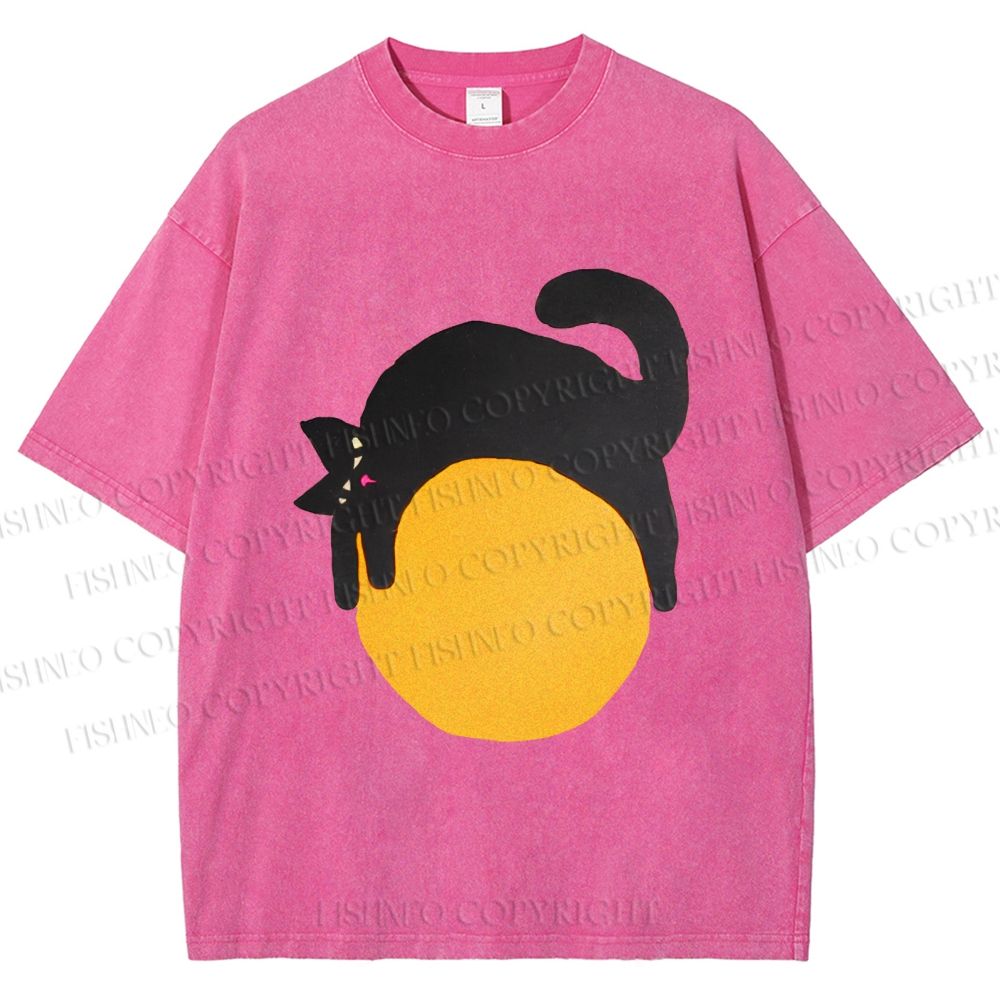 Unisex Black Cat Printed Washed Tee