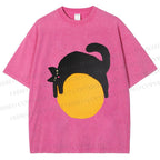 Unisex Black Cat Printed Washed Tee