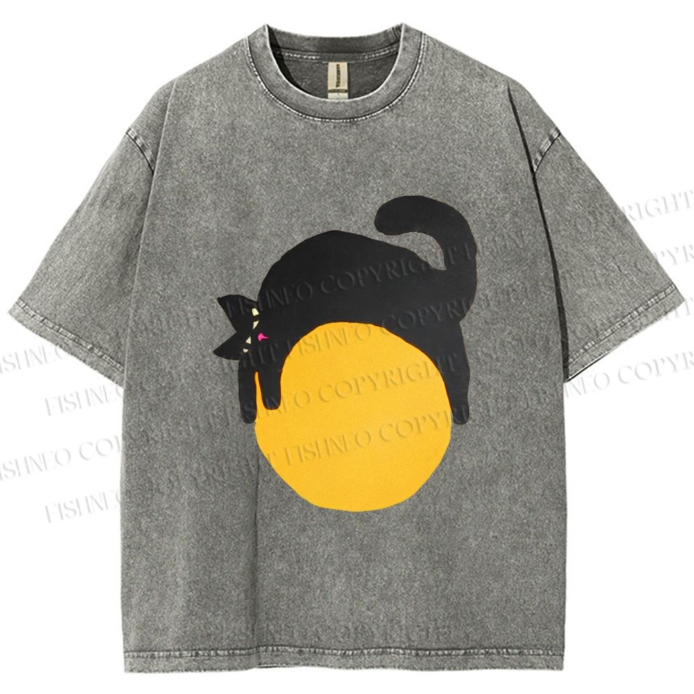 Unisex Black Cat Printed Washed Tee