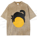 Unisex Black Cat Printed Washed Tee