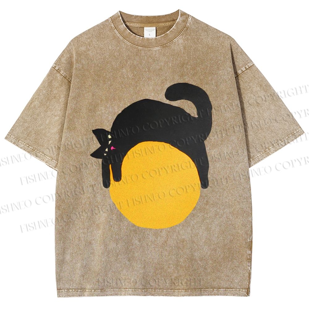 Unisex Black Cat Printed Washed Tee