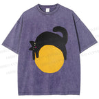 Unisex Black Cat Printed Washed Tee