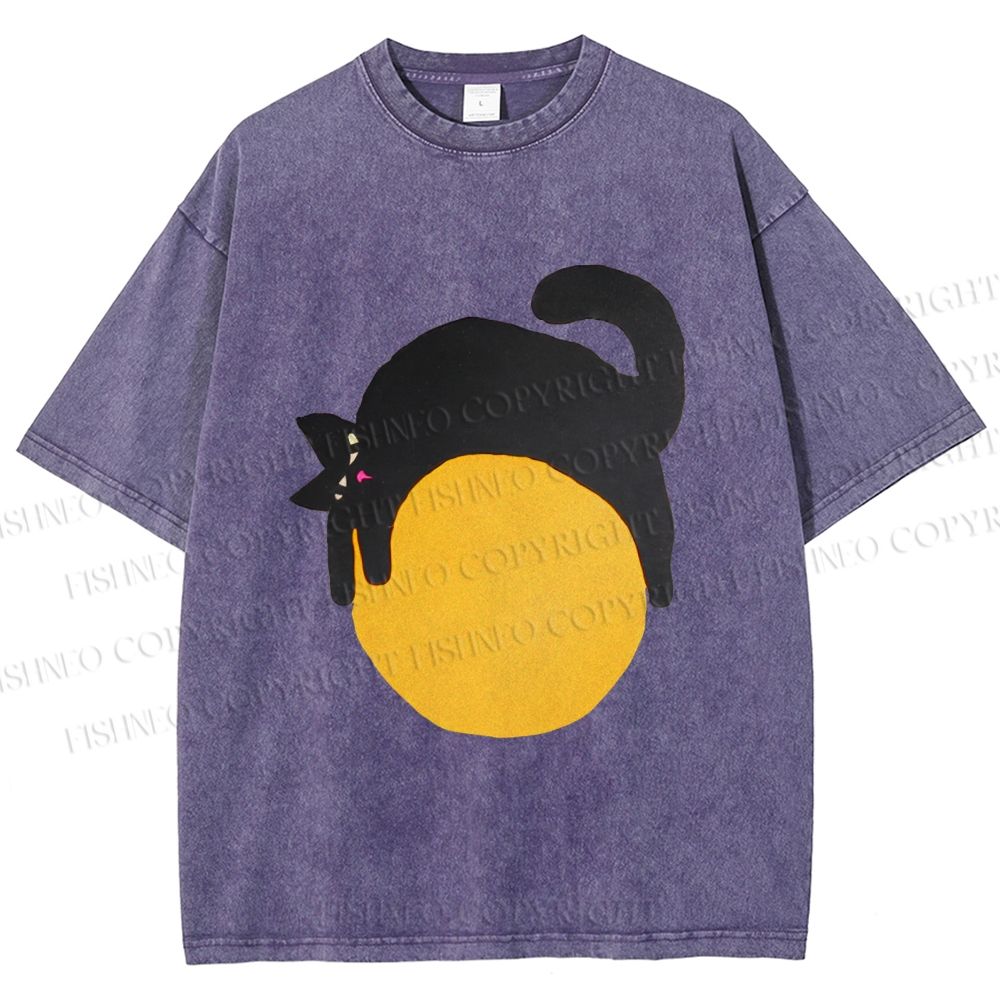 Unisex Black Cat Printed Washed Tee