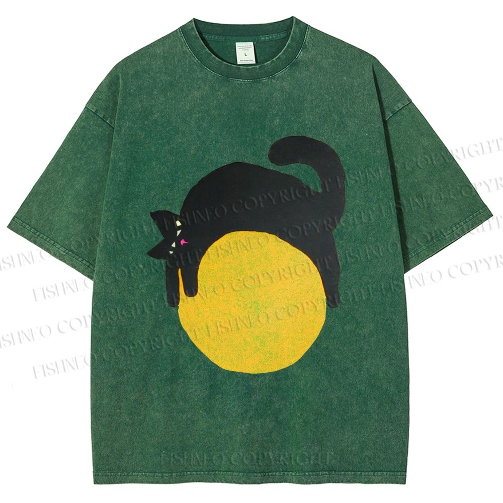Unisex Black Cat Printed Washed Tee