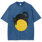 Unisex Black Cat Printed Washed Tee