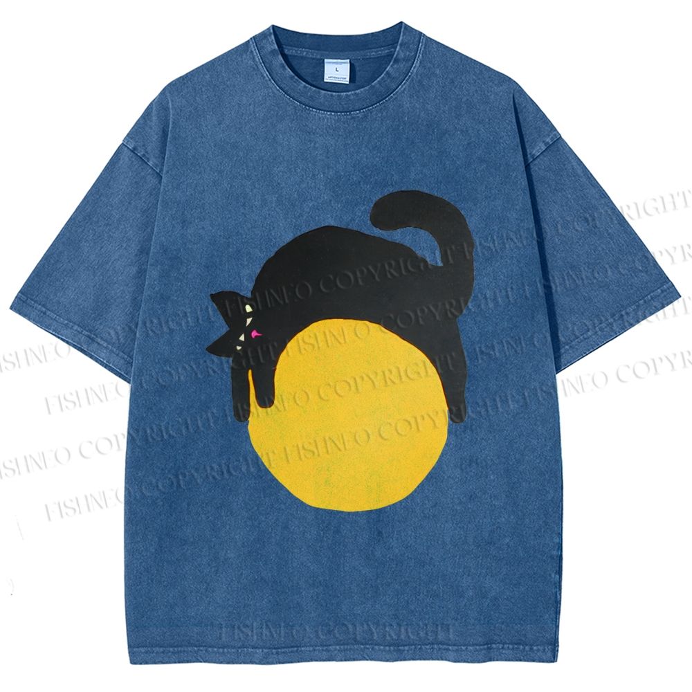 Unisex Black Cat Printed Washed Tee