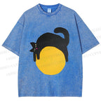 Unisex Black Cat Printed Washed Tee