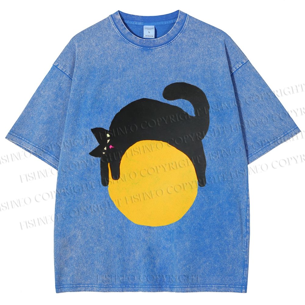 Unisex Black Cat Printed Washed Tee