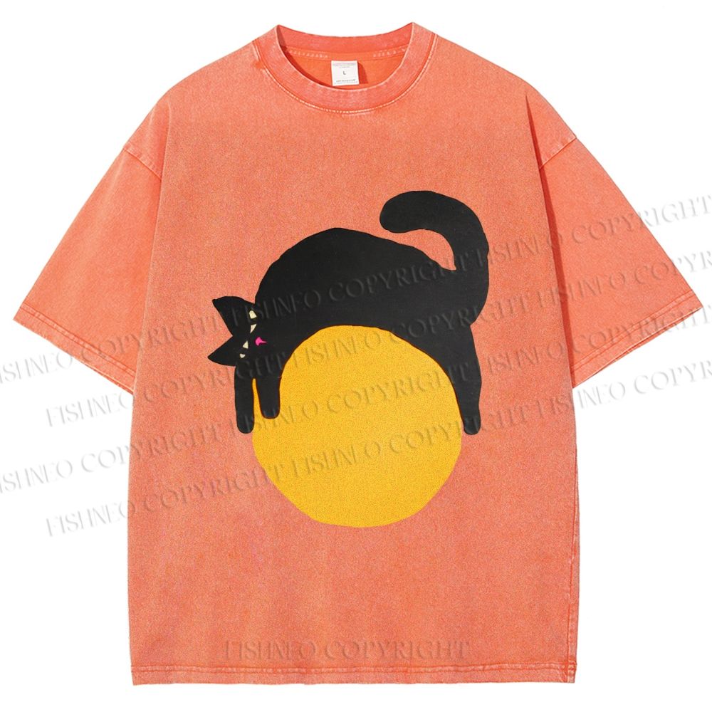 Unisex Black Cat Printed Washed Tee