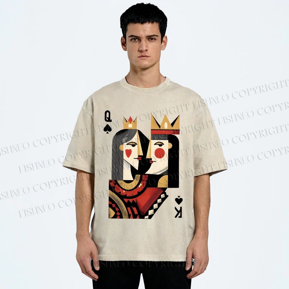 Unisex Artistic Geometric Playing Cards Printed Washed Tee