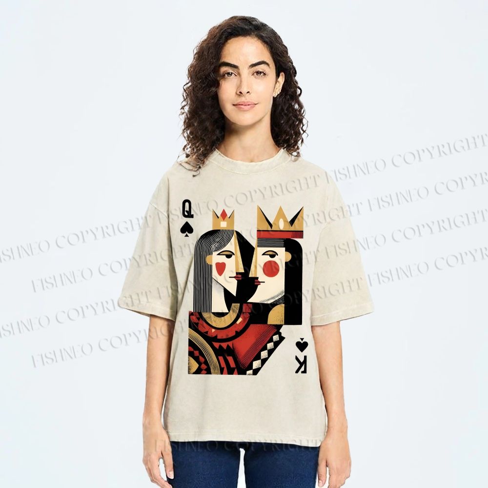 Unisex Artistic Geometric Playing Cards Printed Washed Tee