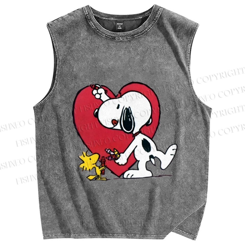 Unisex Snoopy Drawing a Heart Printed Washed Tank Top