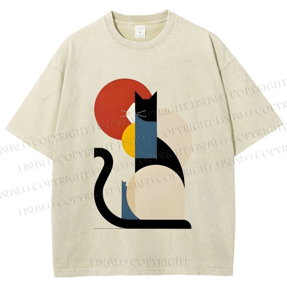 Unisex Colorful Geometric Cat Printed Washed Tee