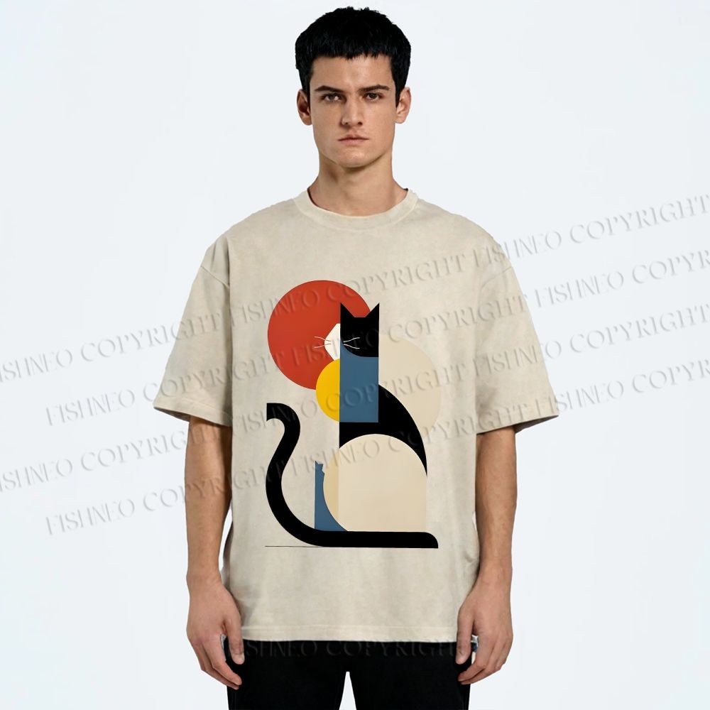 Unisex Colorful Geometric Cat Printed Washed Tee