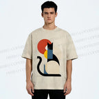Unisex Colorful Geometric Cat Printed Washed Tee