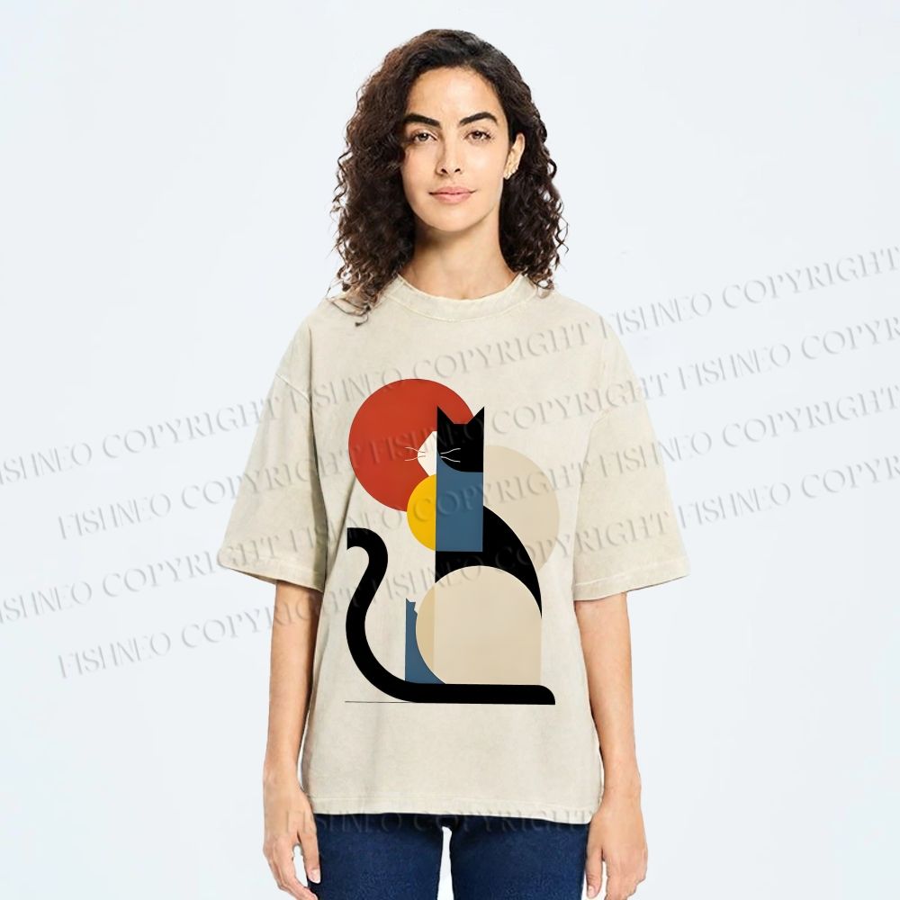 Unisex Colorful Geometric Cat Printed Washed Tee